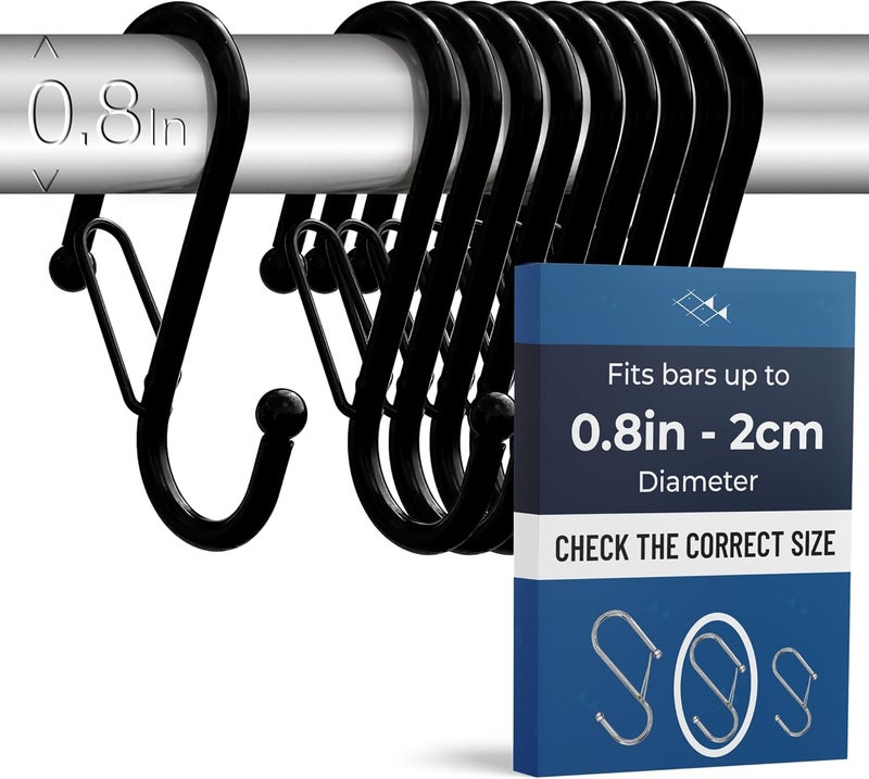 Blau Marité 10-Pack Metal S Hooks for Hanging – Heavy-Duty S-Shaped Hook with Safety Buckle – Fits Bars up to 0.8 in – Anti-Drop S-Hooks for Kitchen, Bathroom, Closet & Pot Racks – Black (Medium) - Image 1